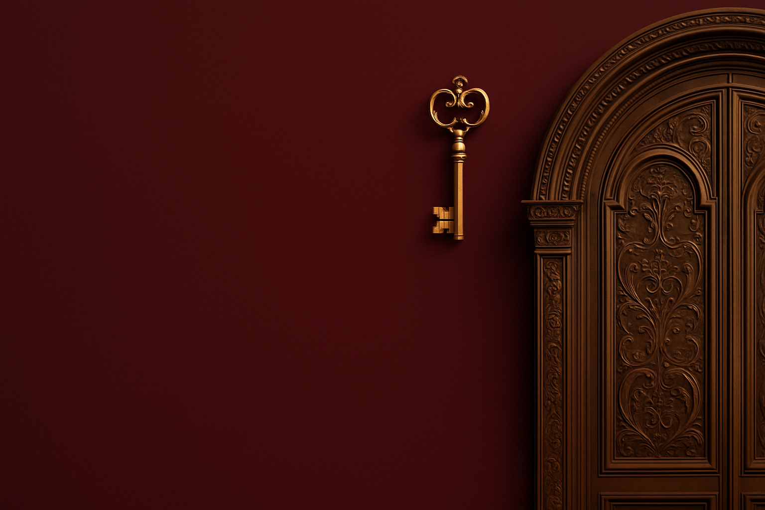 Ein elegantes Banner mit burgundrotem Hintergrund, das am rechten Bildrand eine deutlich abgeschnittene, verzierte bogenförmige Tür zeigt, von der nur die linke Hälfte sichtbar ist. Ein goldener Schlüssel schwebt höher positioniert in der Nähe des sichtbaren Teils des Türbogens. Die linke Seite und die Mitte des Bildes sind vollständig freigehalten.